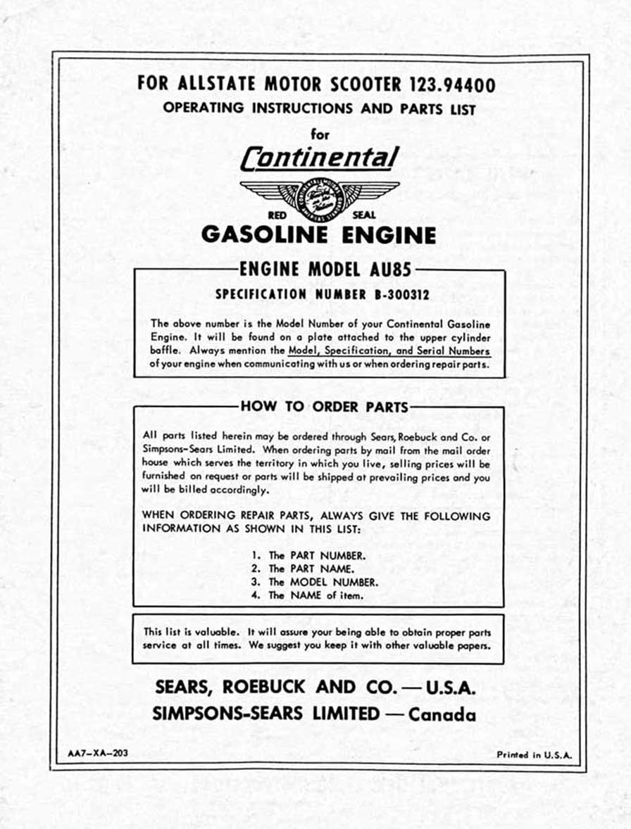 Continental Gasoline Engine Operating Instructions and Parts List