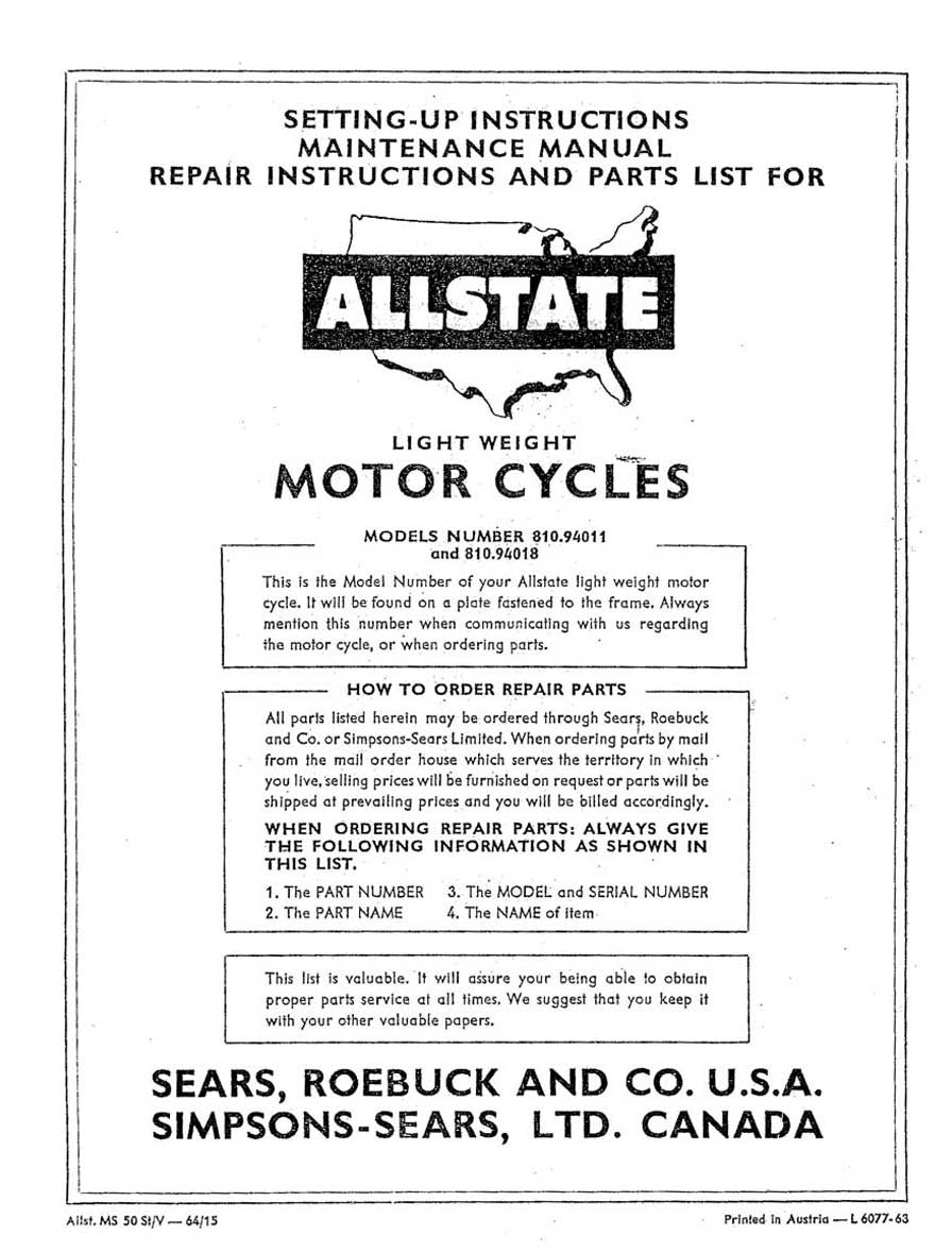 Allstate Mo-Ped Setting-Up, Maintenance, Repair and Parts List Manual